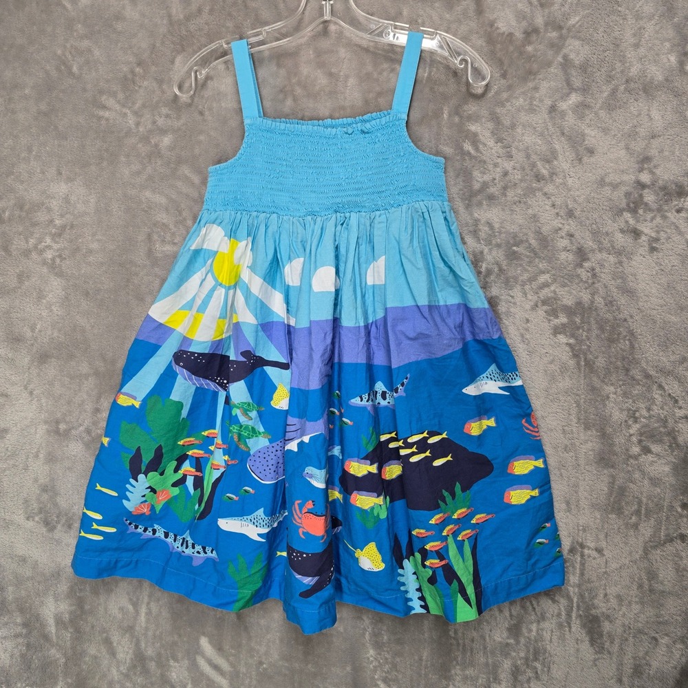 Mini Boden Dress Girls 11-12 Blue Under the Sea Shark Whale Ocean Marine Coastal